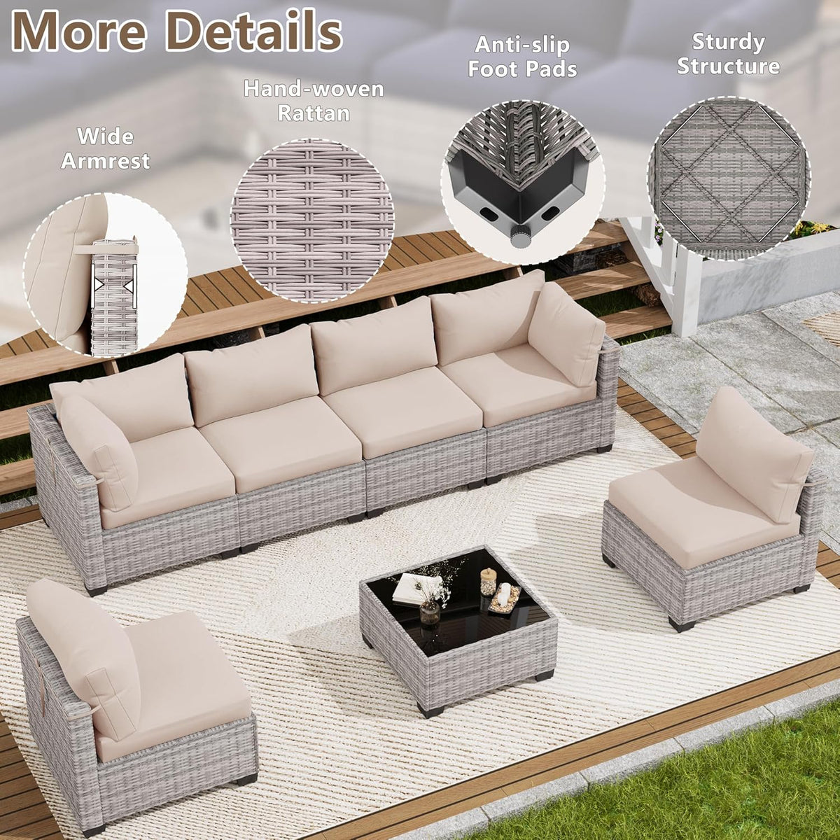 LOUVIXA 7 Piece Outdoor Patio Furniture Set, Outdoor Sectional Sofa, Wicker Rattan Patio Furniture, Patio Conversation Set with Coffee Table & Cushions