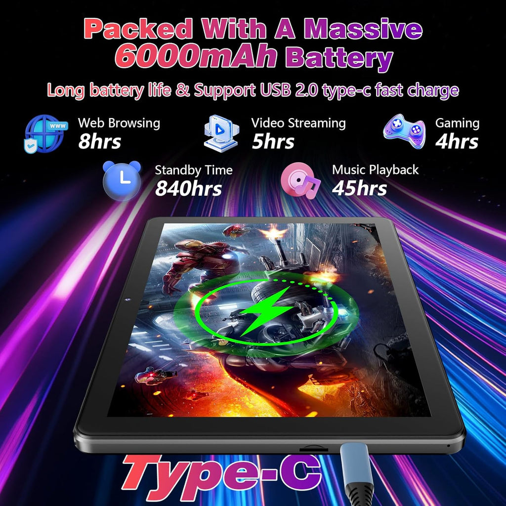 Android Tablet 10 Inch with Octa-Core Processor, 18GB RAM 128GB ROM 1TB Expandable, 1280x800 HD IPS Display, 6000mAh 7H Battery, Widevine L1, GPS, 5G WiFi, BT5.0, 5MP+8MP Dual Camera