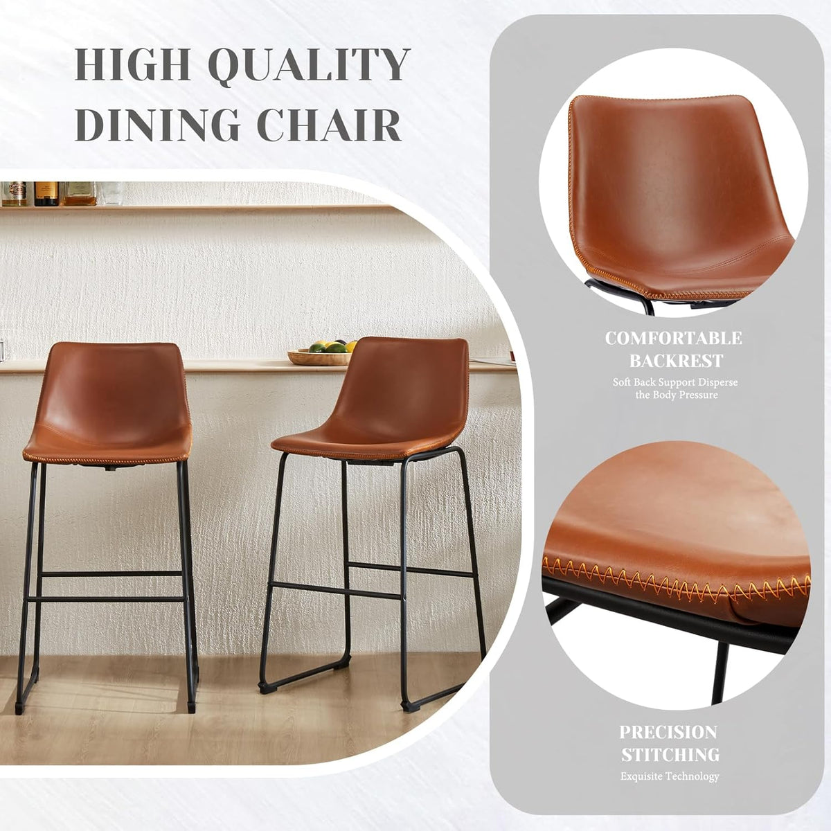 DUMOS Counter Height Bar Stools Set of 4, 30 inch Height Stool Faux Leather Barstools with Back, Armless Kitchen Island Countertop Comfortable Modern Chairs with Metal Legs, Warm Brown