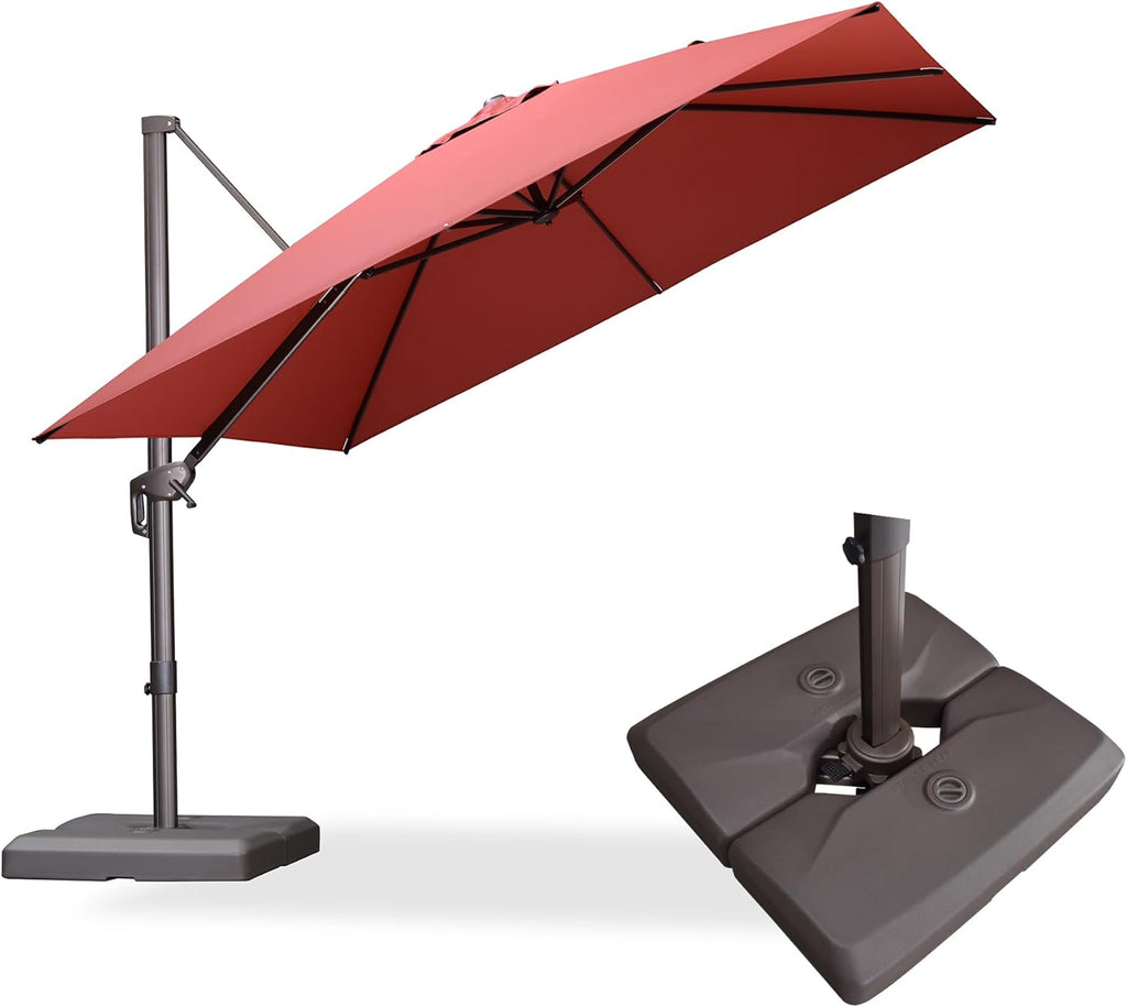 PURPLE LEAF 10' X 10' Patio Cantilever Umbrella with Base Included Antique Bronze Square Outdoor Umbrella with 360° Rotation and Aluminum Offset Hanging for Garden Backyard Pool, Brick Red