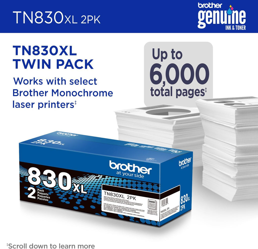 Brother Genuine TN830XL 2PK Black High Yield Printer Toner Cartridge 2-Pack – Print up to 3,000 Pages Each(1)
