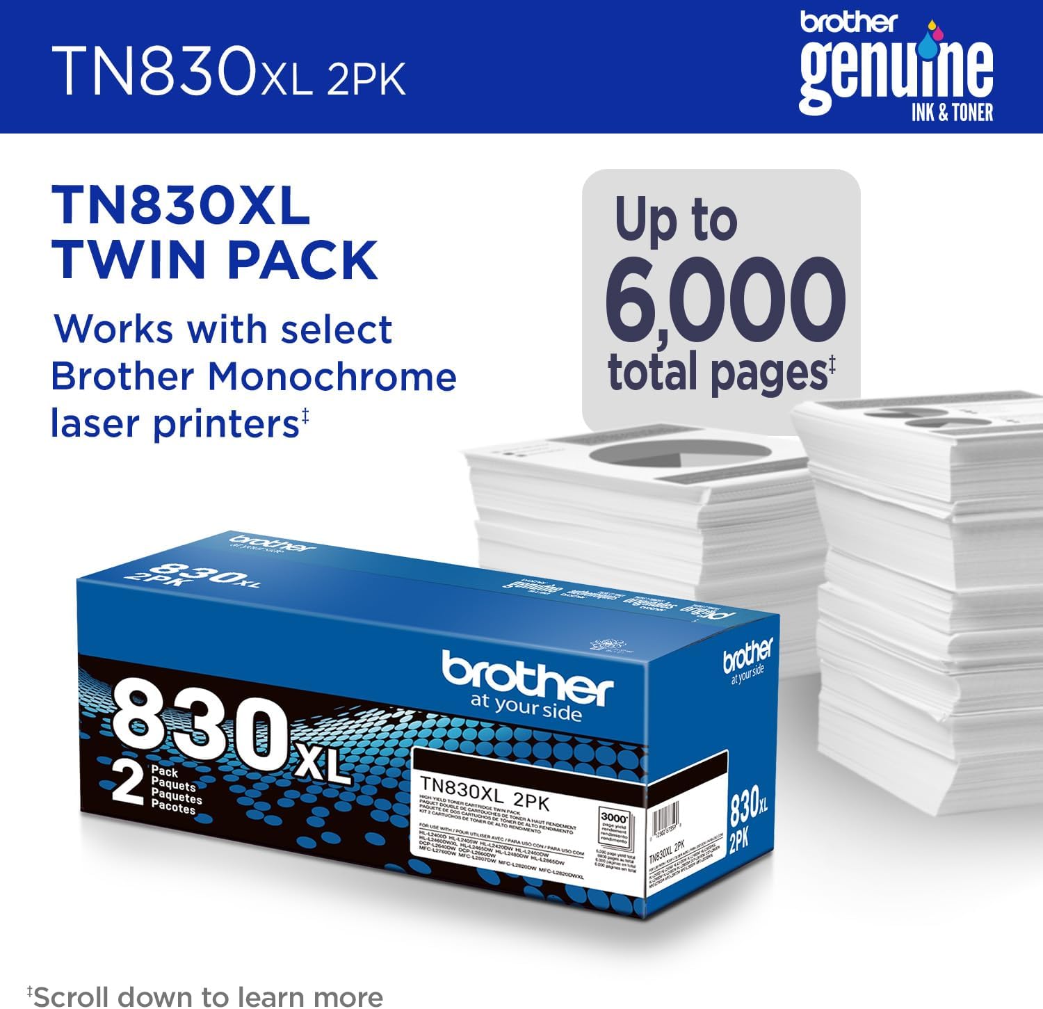 Brother Genuine TN830XL 2PK Black High Yield Printer Toner Cartridge 2-Pack – Print up to 3,000 Pages Each(1)