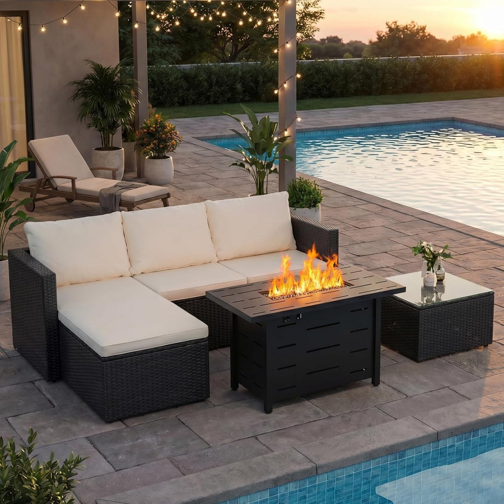 JAMFLY Patio Furniture Sets, 4-Piece Outdoor Patio Furniture with 43'' Propane Gas Fire Pit Table, Wicker Outdoor Conversation Set Sectional Sofa for Backyard, Poolside, Garden(Beige Cushion)