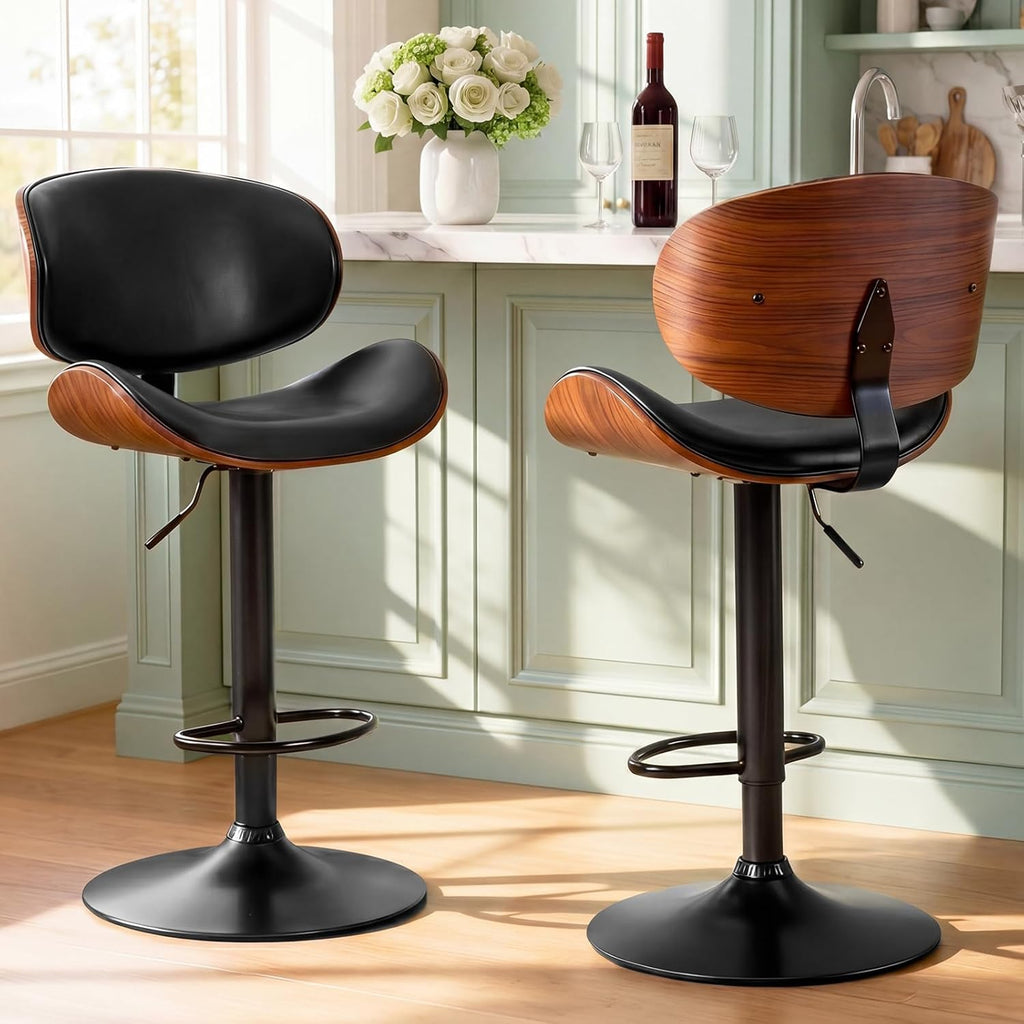 DUMOS Swivel Bar Stools Set of 2, Adjustable Counter Height Bentwood BarStools, PU Leather Upholstery Bar Chair with Ergonomic Back and Footrest, Counter Stools for Bar, Home Kitchen Island, Black