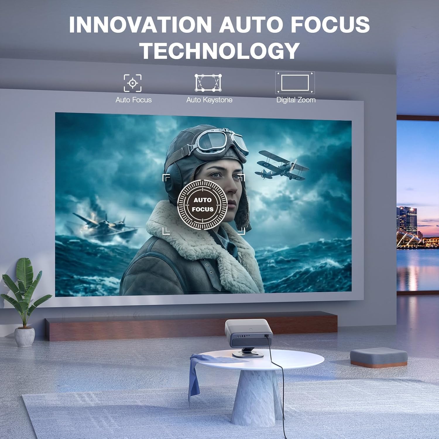 Now with Netflix & 4000 ANSI 4K Projector with WiFi and Bluetooth,TOF Real-Time Auto Focus Smart Projector, Upgrade for AuKing Overhead Projectors Theater Proyector with Omni-Adjustable Stand(grey)
