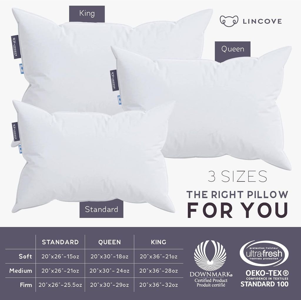 Lincove Cloud Natural Canadian Down Pillow, White Luxury Sleeping Pillow - 625 Fill Power, 500 Thread Count Cotton Shell, Made in Canada, Standard - Medium, 2 Pack