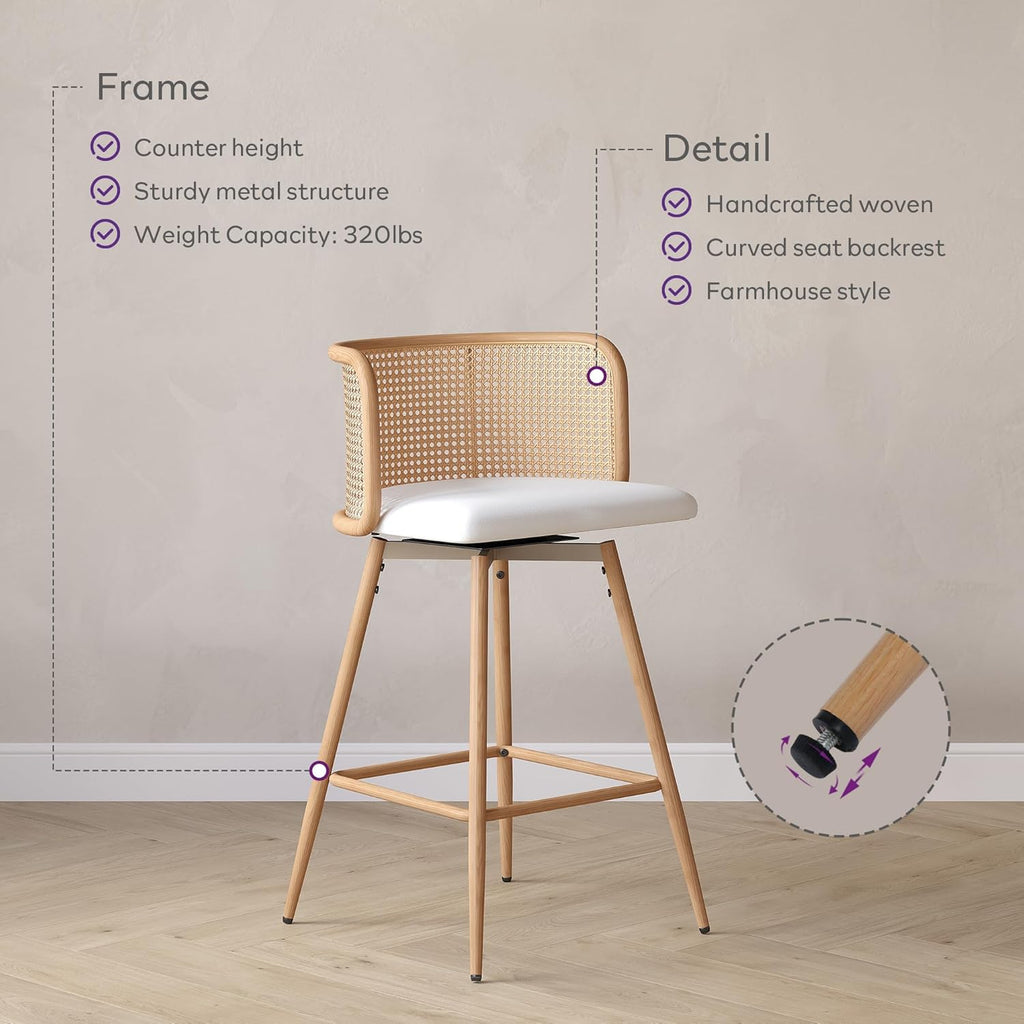 TYBOATLE Swivel Rattan Bar Stools Set of 4, 26” Counter Height Stools with Natural Rattan Woven Back and Faux Leather Seat, Mid-Century Modern Island Chairs Barstools for Kitchen, White