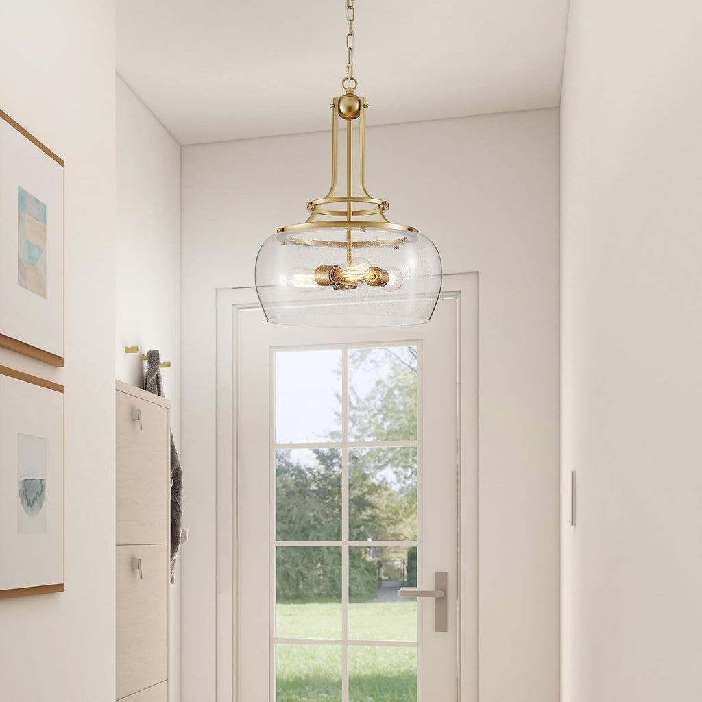 WUZUPS Chandelier Rustic Farmhouse Industrial Round Ceiling Pendant LED Light Fixture Clear Seeded Glass Shade for Dining Room Kitchen Island Foyer Entryway, H 20.9" x W 15.9", Gold