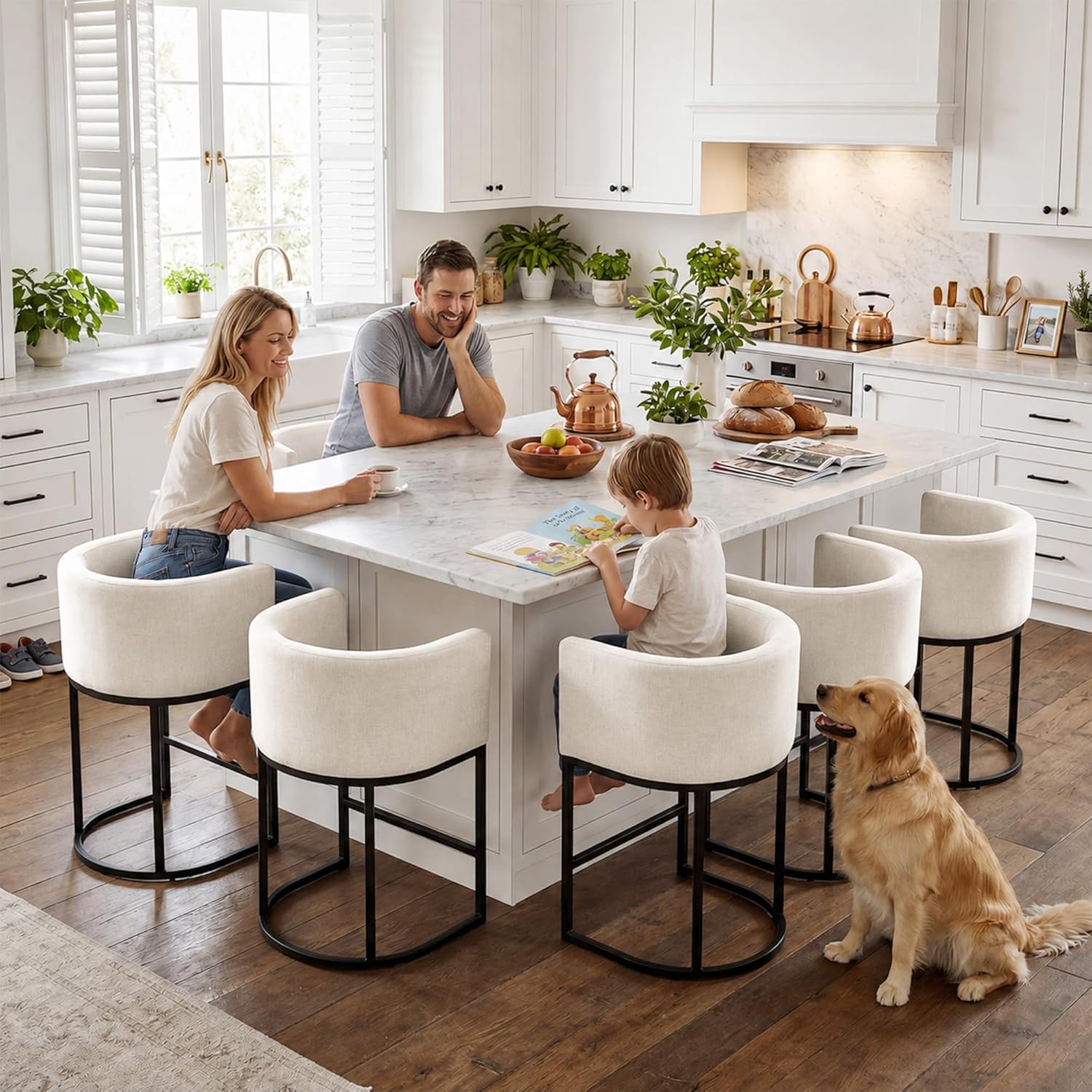 GRUSIGN Chenille Counter Height Bar Stools Set of 2, 26" Kitchen Island Stools with Arms & Footrest, Upholstered Barrel Back Bar Chairs for Kitchen . Dining Room, Bar & Lounge Area, 450 lbs, Off-White