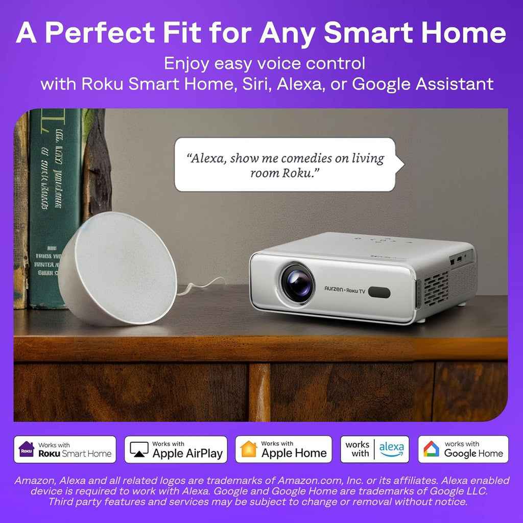 Aurzen Roku TV Smart Projector with Wifi and Bluetooth, Roku Streaming Experience Built-in, 1080P FHD, DoIby Audio, Auto Focus & Keystone, Zoom, Movie Portable Outdoor Mini Projector, White