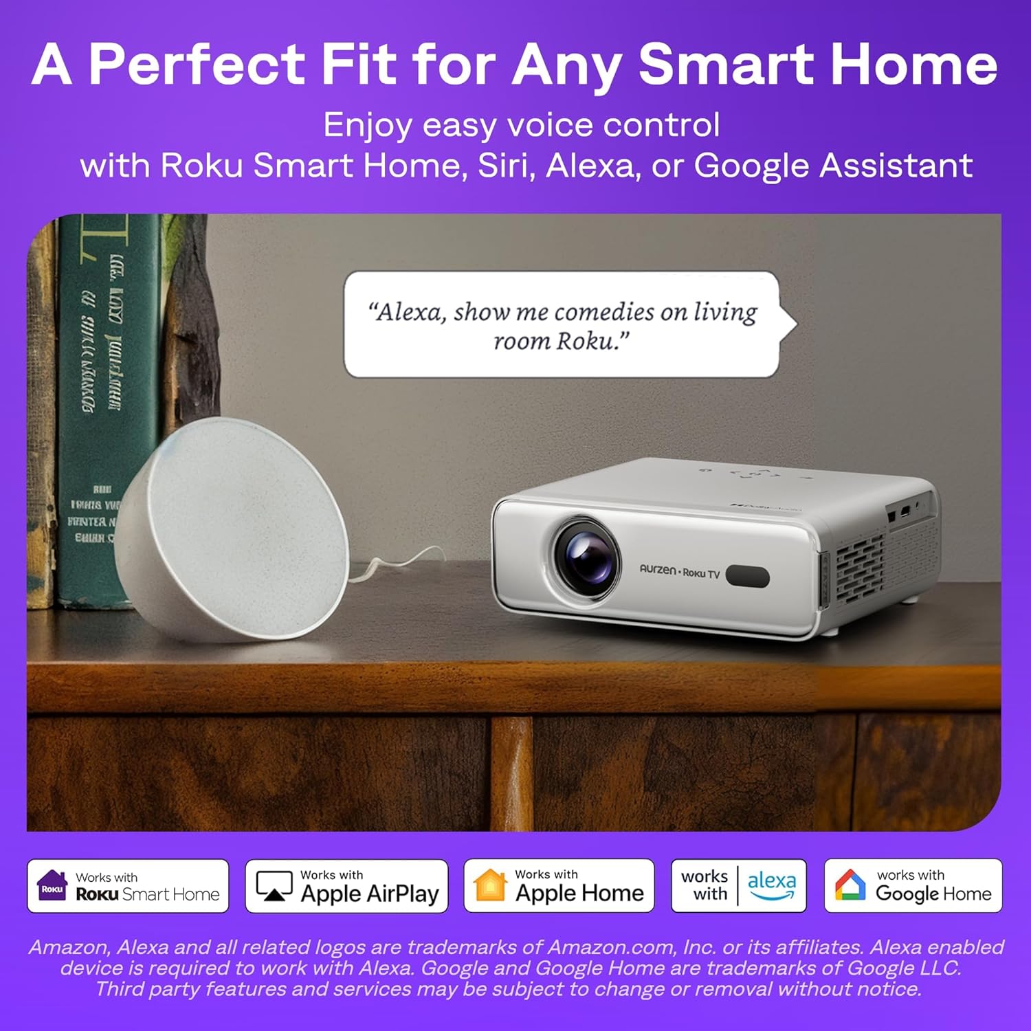 Aurzen Roku TV Smart Projector with Wifi and Bluetooth, Roku Streaming Experience Built-in, 1080P FHD, DoIby Audio, Auto Focus & Keystone, Zoom, Movie Portable Outdoor Mini Projector, White