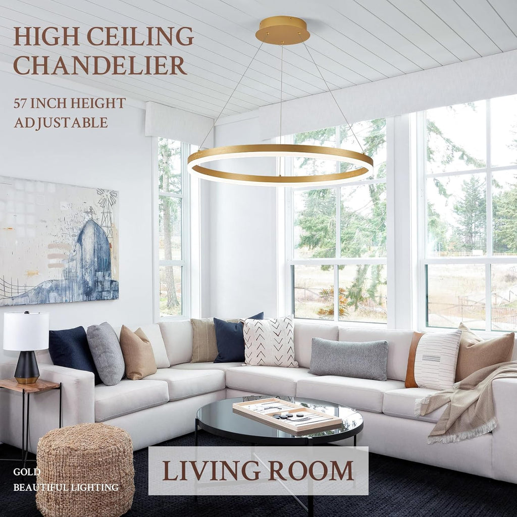 Modern LED Pendant Lighting Ring Chandelier Gold Dimmable LED Chandelier for Dining Room 36W Adjustable Pendant Light Fixture for Living Room Bedroom Home Office Foyer, 3000-6500K D24in