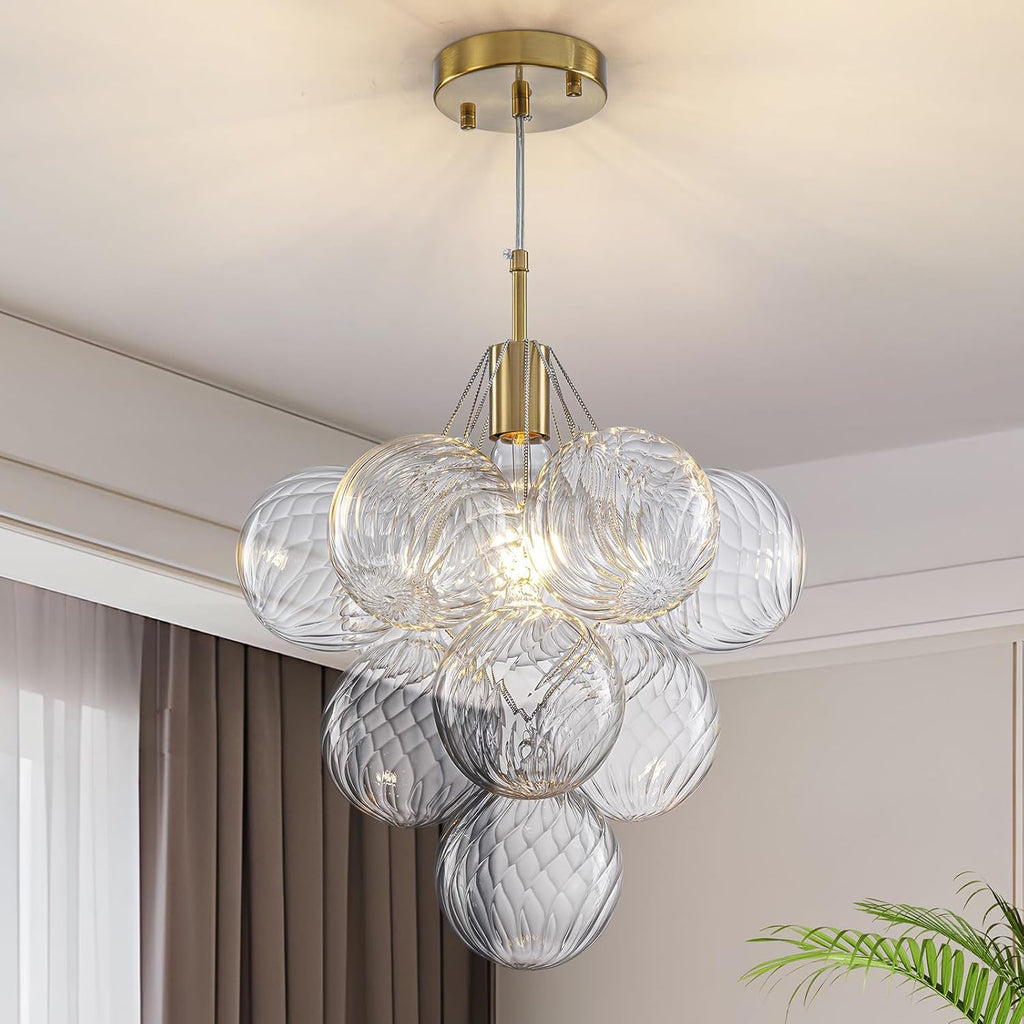Dining Room Chandelier 14.17", Modern Brushed Gold Pendant Light Bubble Ceiling Light Chandelier Vintage Hanging Light Fixtures with 10 Swirled Glass Globe for Foyer Bedroom Kitchen, Include E26 Bulb