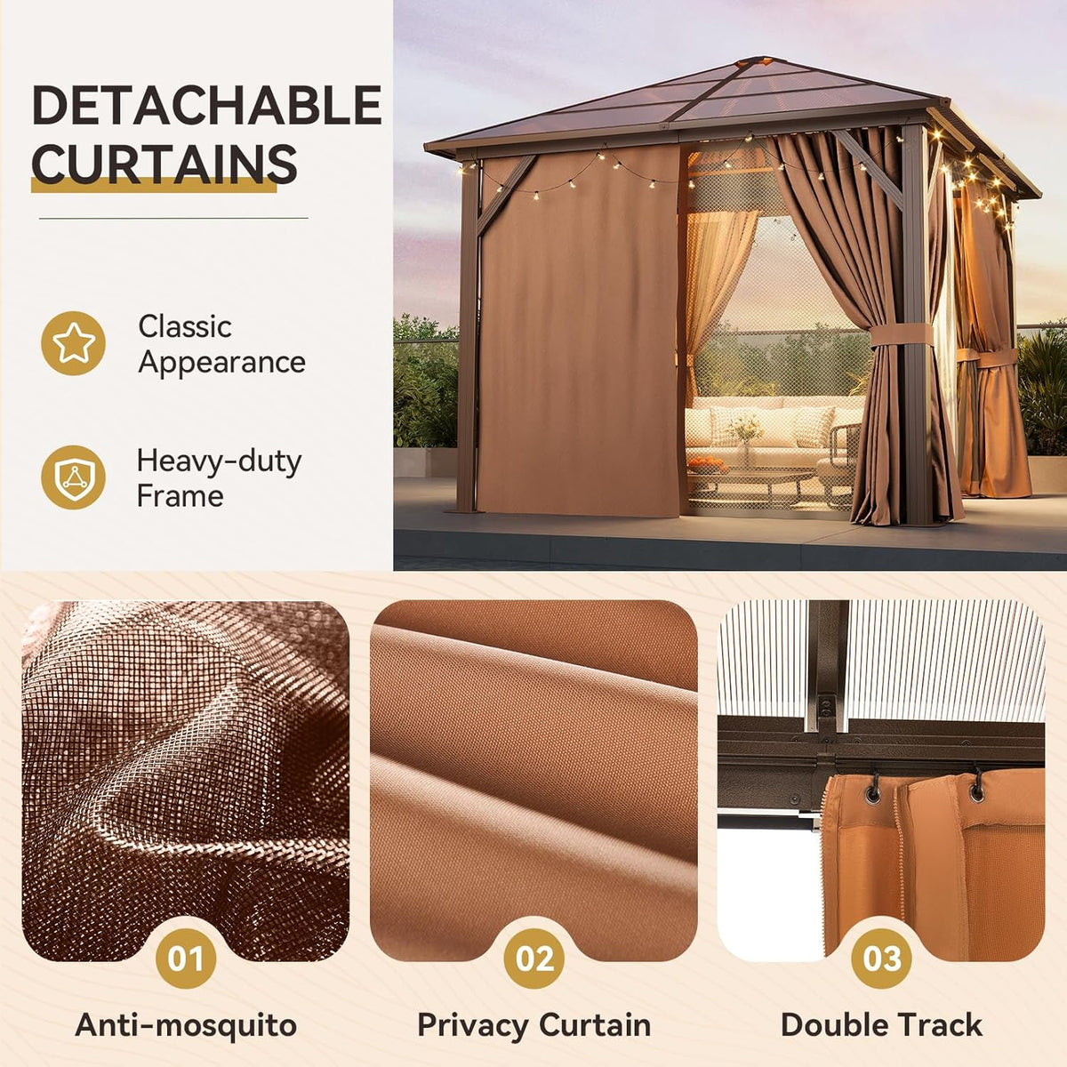 Aoxun 10'x10' Hardtop Gazebo, Outdoor Metal Gazebo with Polycarbonate Roof Canopy, Permanent Pavilion with Netting and Curtains for Lawn, Garden, Patio (Khaki, Single Roof)