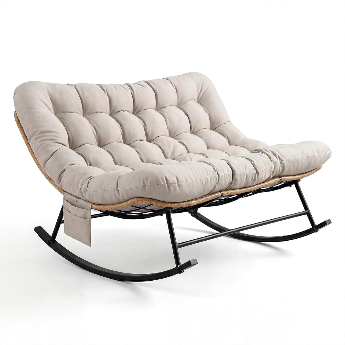 Heavy Duty Rocking Chair 450 Lbs Capacity Waterproof Fabric Indoor Outdoor Rocker with Thick Cushion Metal Frame for Patio Garden Living Room Double Seating Lounge Chair Modern Furniture Gray