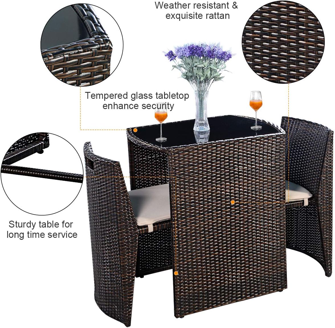 COSTWAY 3 PCS Cushioned Outdoor Wicker Patio Set Garden Sofa Seat No Assembly