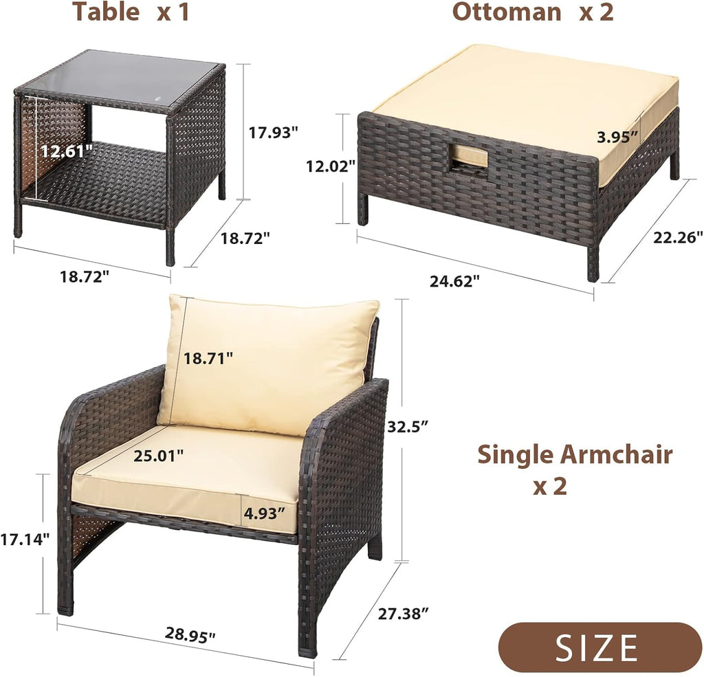 LEVELEVE Balcony Furniture 5 Piece Patio Conversation Set, PE Wicker Rattan Outdoor Lounge Chairs with Soft Cushions 2 Ottoman&Glass Table for Porch, Lawn-Brown Wicker