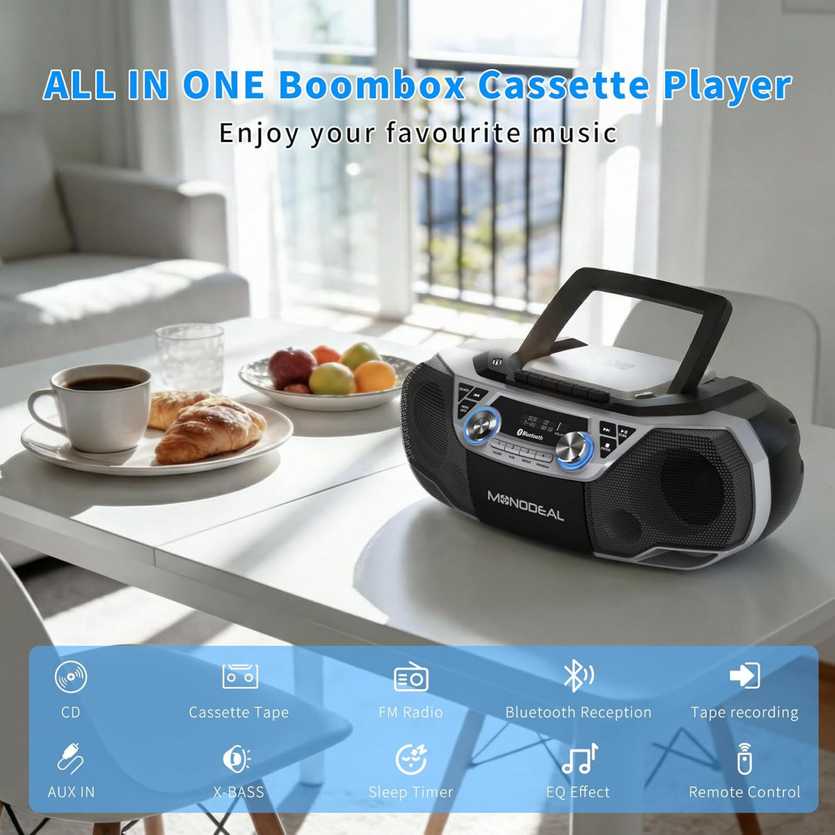 MONODEAL CD Player & Cassette Tape Player with Bluetooth, Powerful Stereo CD Player Boombox with X-BASS,CD and Cassette Player Combo,FM/USB/AUX & Remote, Tape Recording, Sleep Timer, AC/DC Powered