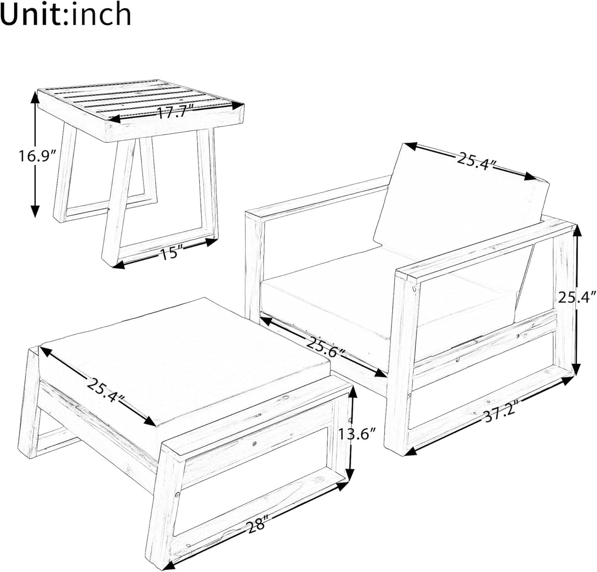 Merax 3 Piece Patio Furniture Set,Acacia Wood Outdoor Lounge Set,Chair & Ottoman and Table, Perfect for Patios, Balconies,and Gardens,Natural+Grey