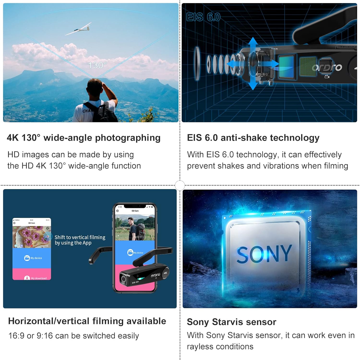 ORDRO EP6 Plus 4K Video Camcorder Wearable Vlog Camera, Vlog Video Camera UHD 1080P 60FPS Hands-Free Head Mounted Camera with EIS 6.0 Anti-Shake, 32G Micro Memory Card, Smart Remote