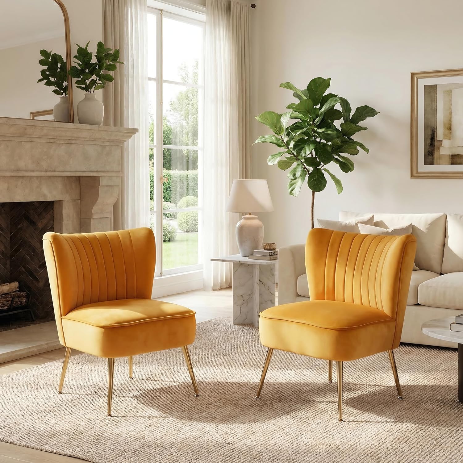 DUOMAY Modern Accent Chair Set of 2 Velvet Slipper Chair with Gold Legs Wingback Side Chair for Living Room Bedroom Entryway Small Corner Chair for Space Saving, Yellow