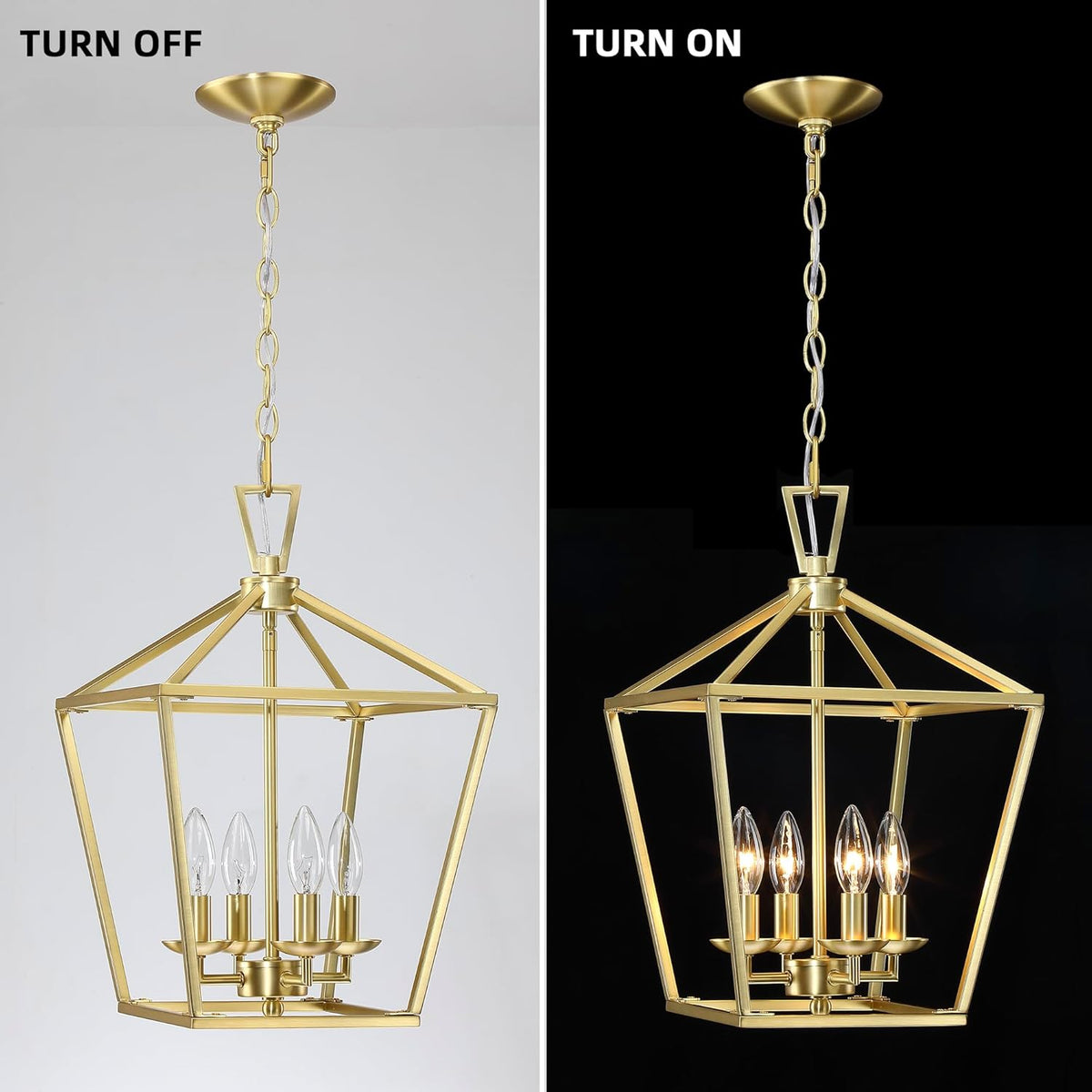 Untrammelife Gold Lantern Chandelier 4-Light Pendant Light Modern Hanging Pendant Light Fixtures in Brushed Brass Finish, Adjustable Metal Chain Geometric Chandelier for Kitchen Island Stair Foyer