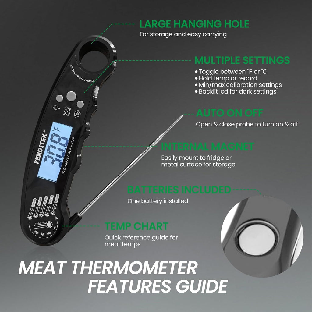 Digital Meat Thermometer, Waterproof Instant Read Cooking Thermometer with LCD Backlight, Magnetic Back for Kitchen, Baking, Sous Vide, Outdoor Grilling,Candy