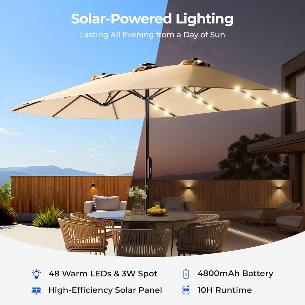 HOMSHADE 15FT Motorized Electric Large Patio Umbrella with Base and Solar Lights Outdoor, Double-Sided Rectangle Umbrella with Remote Control, 30° Auto-Open for Pool Deck Table Market Backyard, Beige