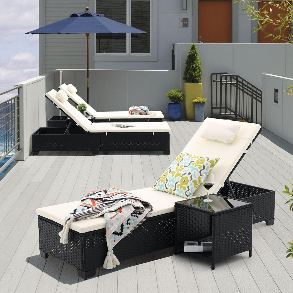 3-Piece Outdoor Lounge Chairs Set, Chaise Lounge Patio Chairs with Coffee Table, Adjustable Wicker Chairs, Water-Resistant Cushions, PE Rattan Poolside & Backyard Furniture (Beige)