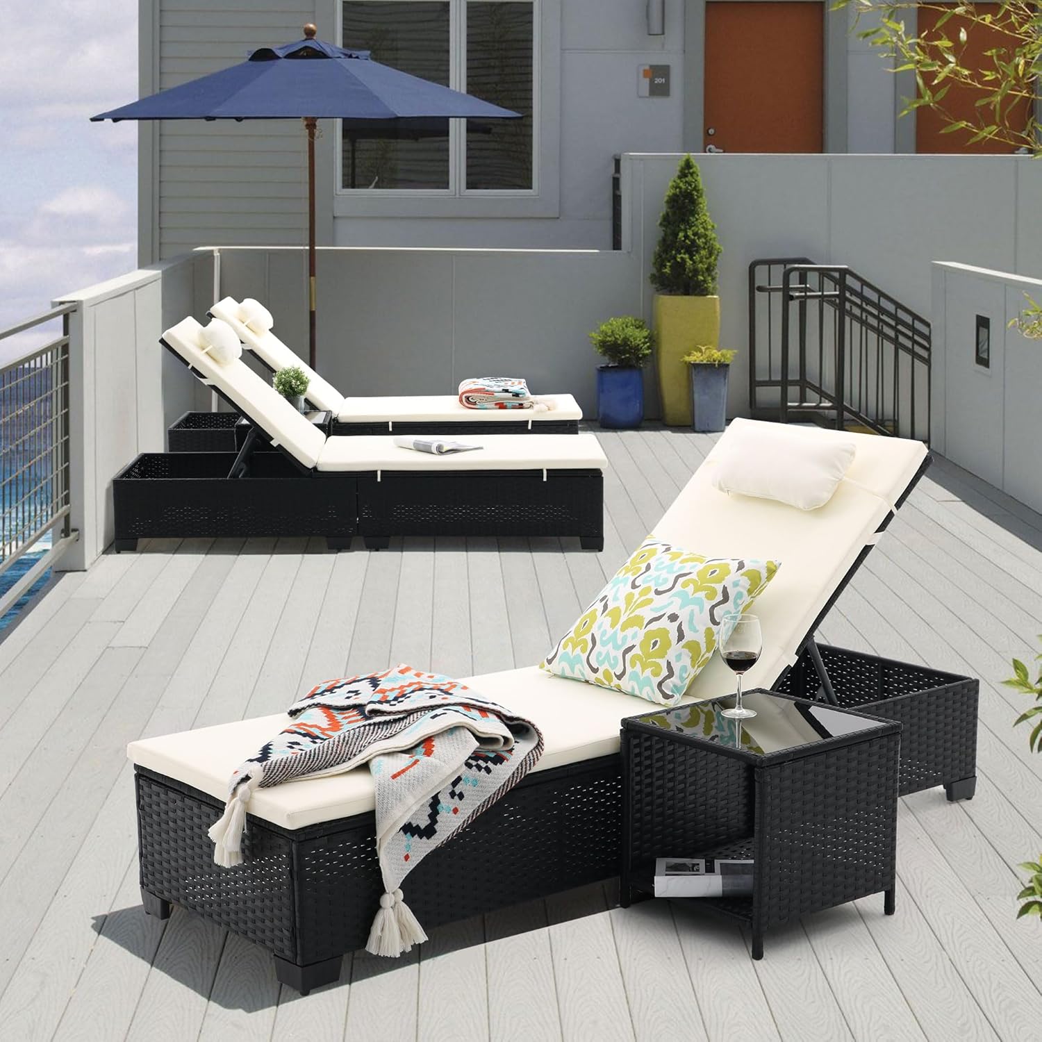 3-Piece Outdoor Lounge Chairs Set, Chaise Lounge Patio Chairs with Coffee Table, Adjustable Wicker Chairs, Water-Resistant Cushions, PE Rattan Poolside & Backyard Furniture (Beige)