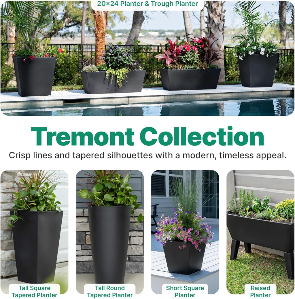 Step2 Tremont 20x24 Planter, Large Planters for Outdoor Plants, Gardening and Flower Pot for Patio or Porch, Efficient Drainage, Durable Plastic, Black, 2-Pack
