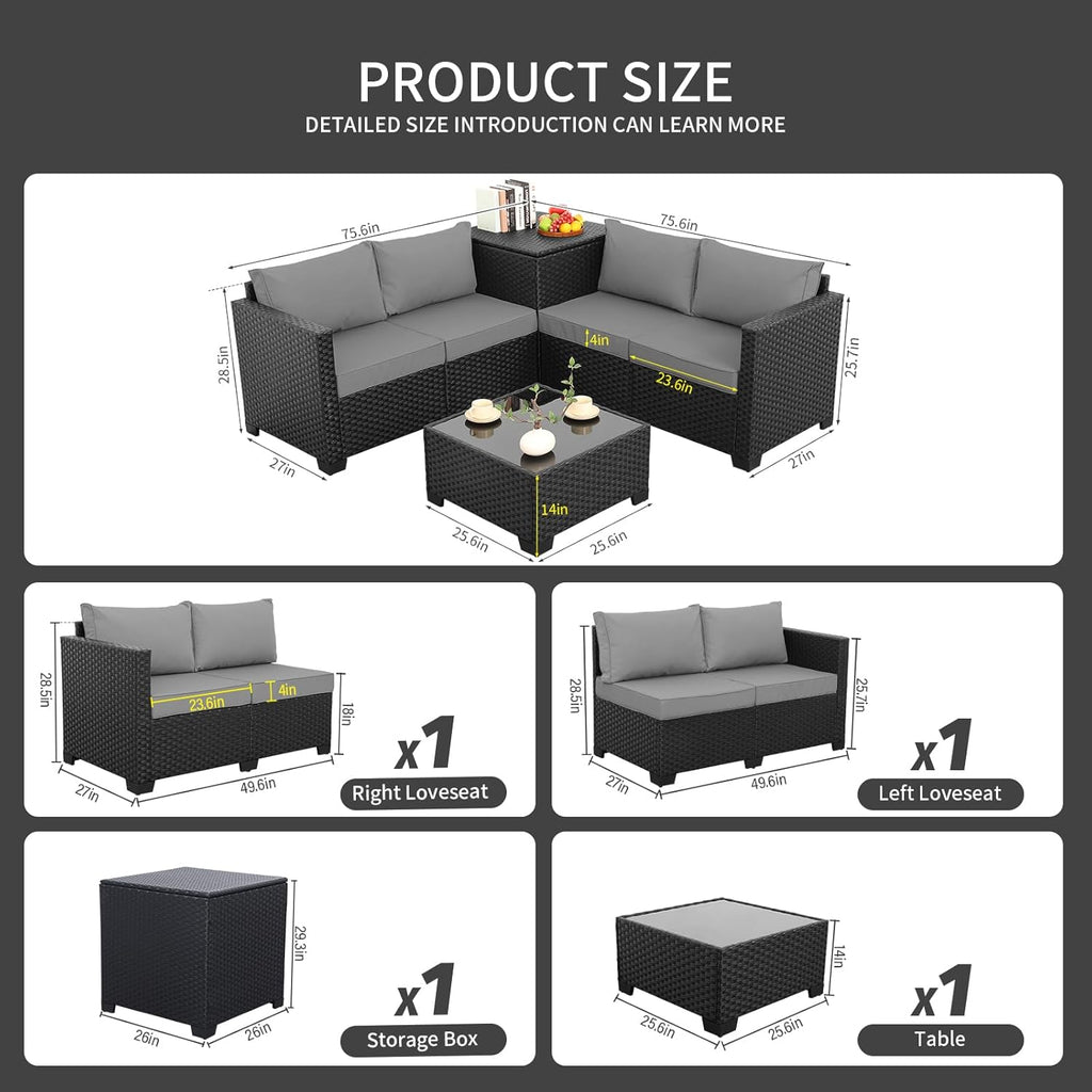WAROOM Patio Furniture Set 4 Piece Conversation Sets Black Rattan Outdoor Couch Loveseat Wicker Sectional Sofa with Storage Box Glass Top Table, Grey Cushion