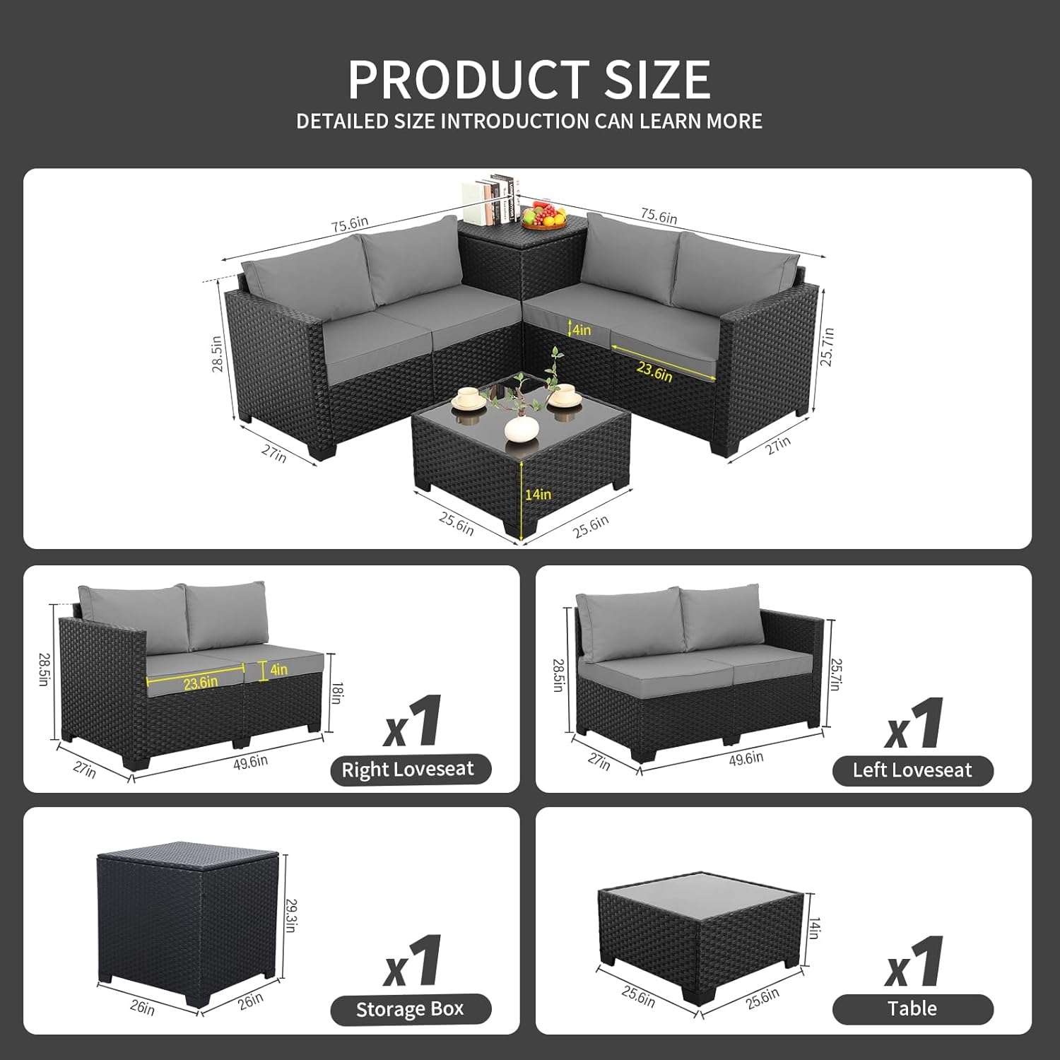 WAROOM Patio Furniture Set 4 Piece Conversation Sets Black Rattan Outdoor Couch Loveseat Wicker Sectional Sofa with Storage Box Glass Top Table, Grey Cushion
