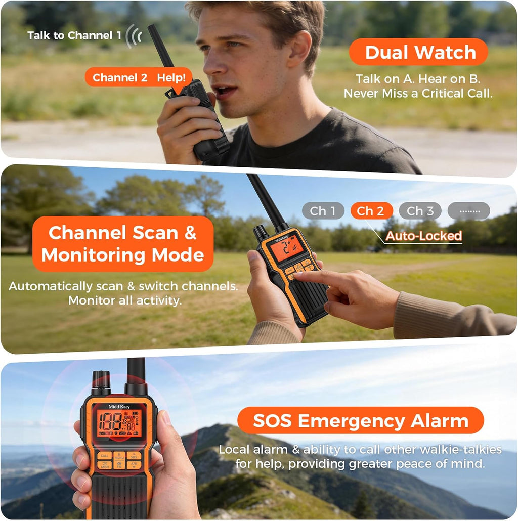 Midd Kacy Walkie Talkies, 60 Channel GMRS Handheld Waterproof Hunting Two Way Radio with 121 Privacy Codes, SOS, NOAA Weather Alerts, VOX, Channel Scanning, 4 Pack (Black/Orange)