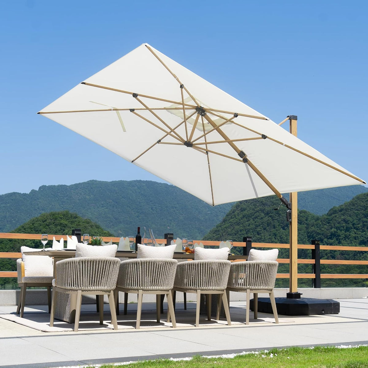 PURPLE LEAF 10' x 13' Rectangle Patio Cantilever Umbrella Large Hanging Umbrella Teak Finished Aluminum Frame Windproof Offset Outdoor Sun Umbrellas for Beach Pool Deck, Cream