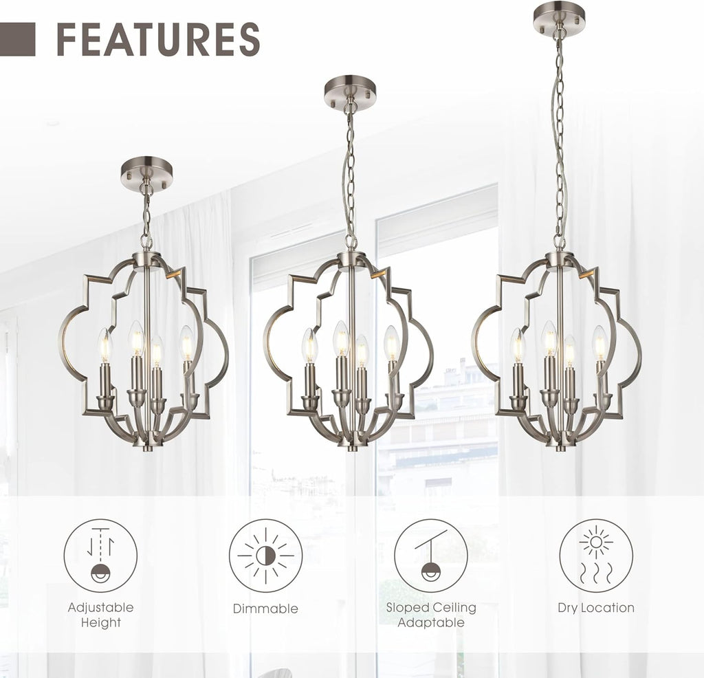 Jonsi Brushed Nickel Chandelier - 4 Lights Kitchen Island Pendant Light, 15.6" Farmhouse Orb Geometric Adjustable Height Ceiling Hanging Lighting for Entryway Foyer Bar Restauran Living Dining Room