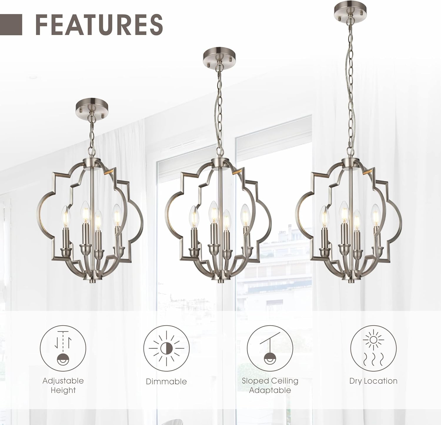 Jonsi Brushed Nickel Chandelier - 4 Lights Kitchen Island Pendant Light, 15.6" Farmhouse Orb Geometric Adjustable Height Ceiling Hanging Lighting for Entryway Foyer Bar Restauran Living Dining Room