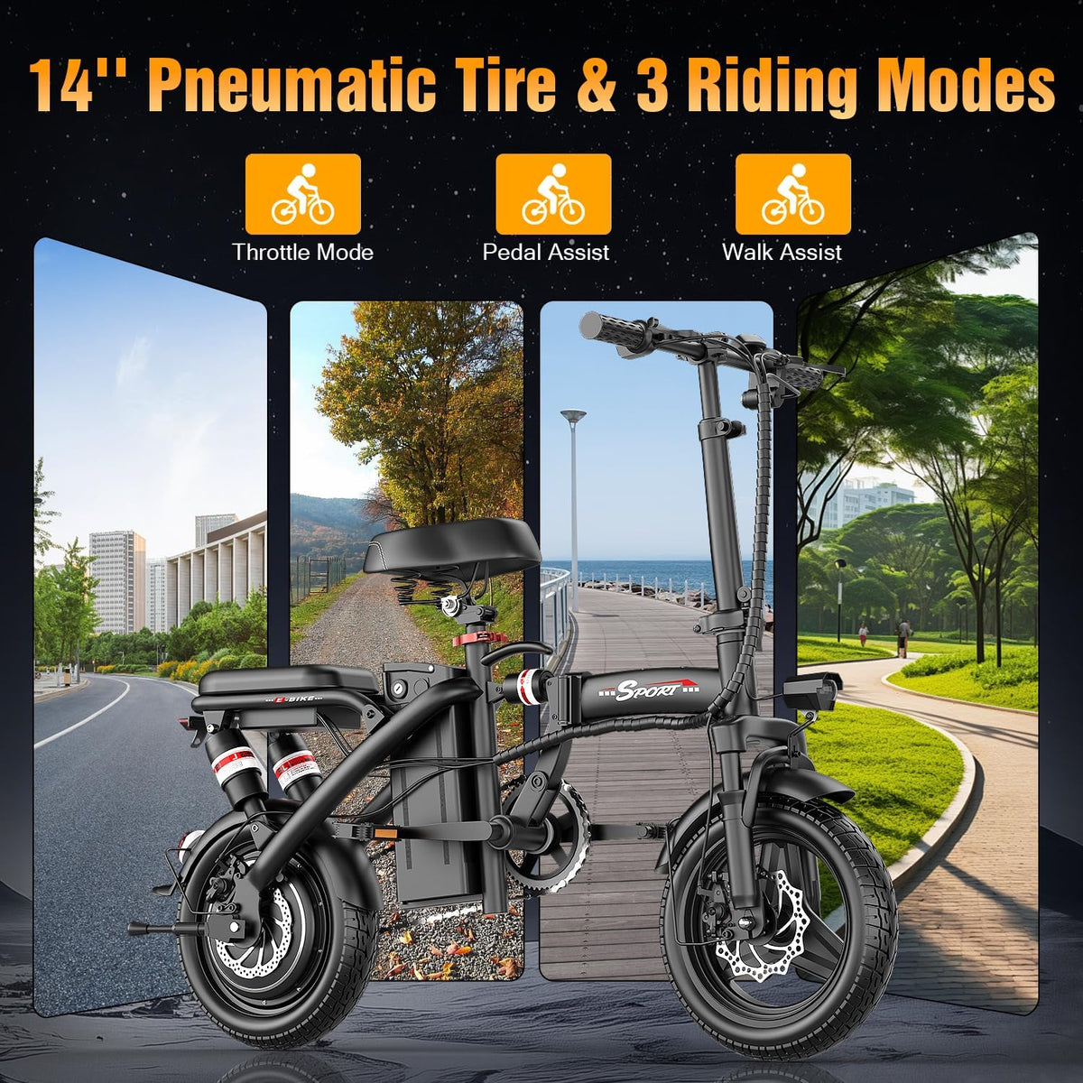 Electric Bike for Adults Teens, 800/1200W Peak Folding Ebike, 22/25MPH & 30/45 Miles Range, 14" Commuting Ebike with Dual Suspension & Dual Brake, 3-Speed Modes, Portable Electric Mini Bike