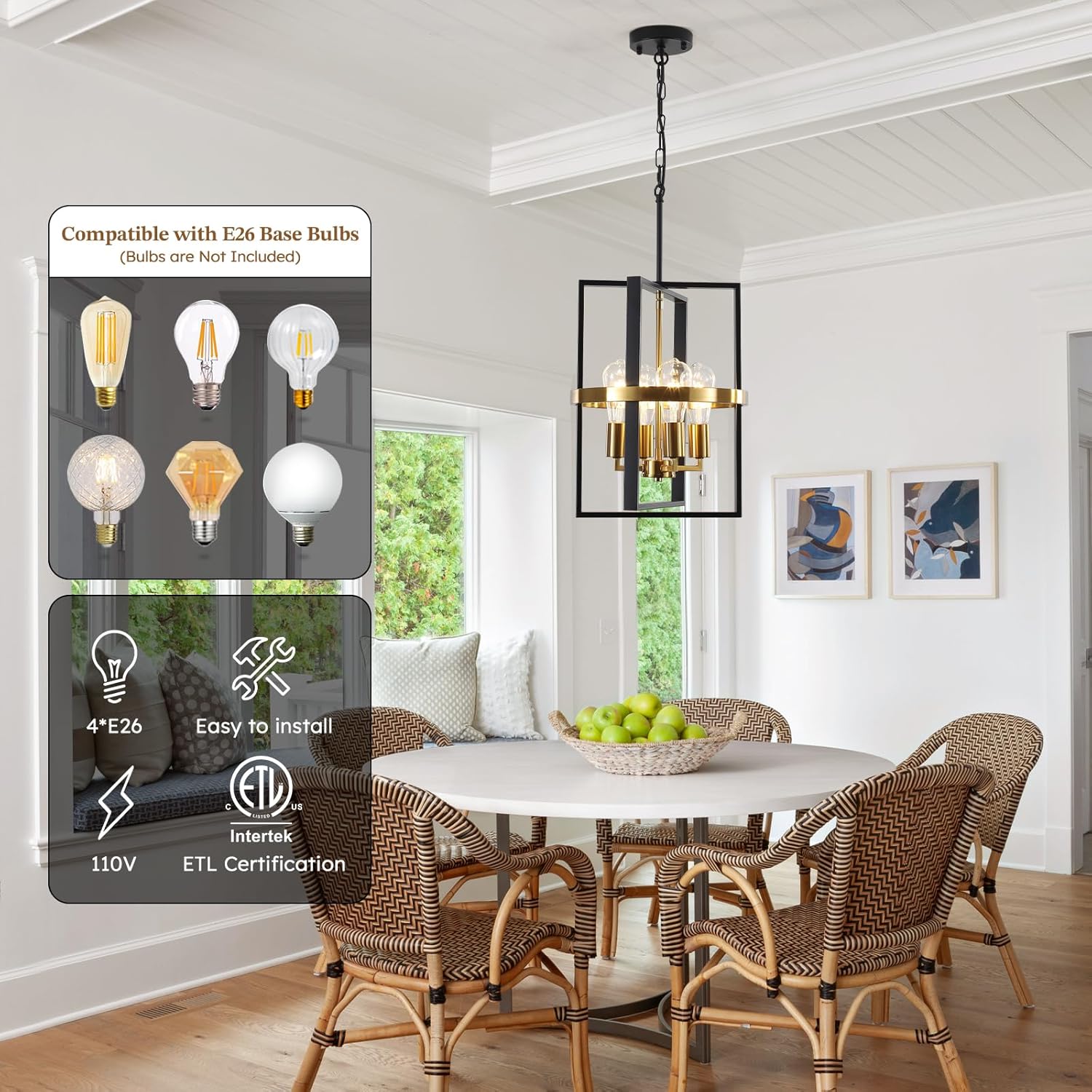 Small Black and Gold Chandelier for Dining Room, 4-Light Modern Pendant Lights Adjustable Geometric Industrial Rustic Foyer Lighting Fixtures for Entryway Living Room Kitchen Island Hallway