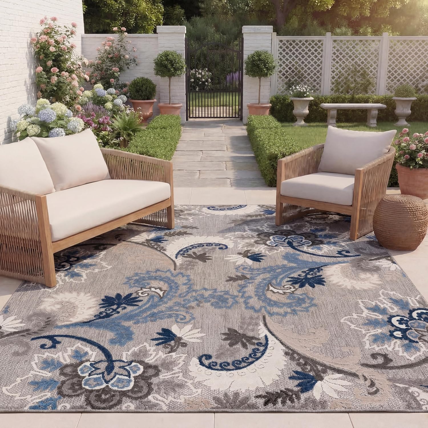 SAFAVIEH Washable Rug Outdoor Cabana Collection - 10' x 14', Grey & Blue, Non-Shedding & Easy to Clean, Ideal for Patio, Backyard, Deck, Mudroom (CBN305F)