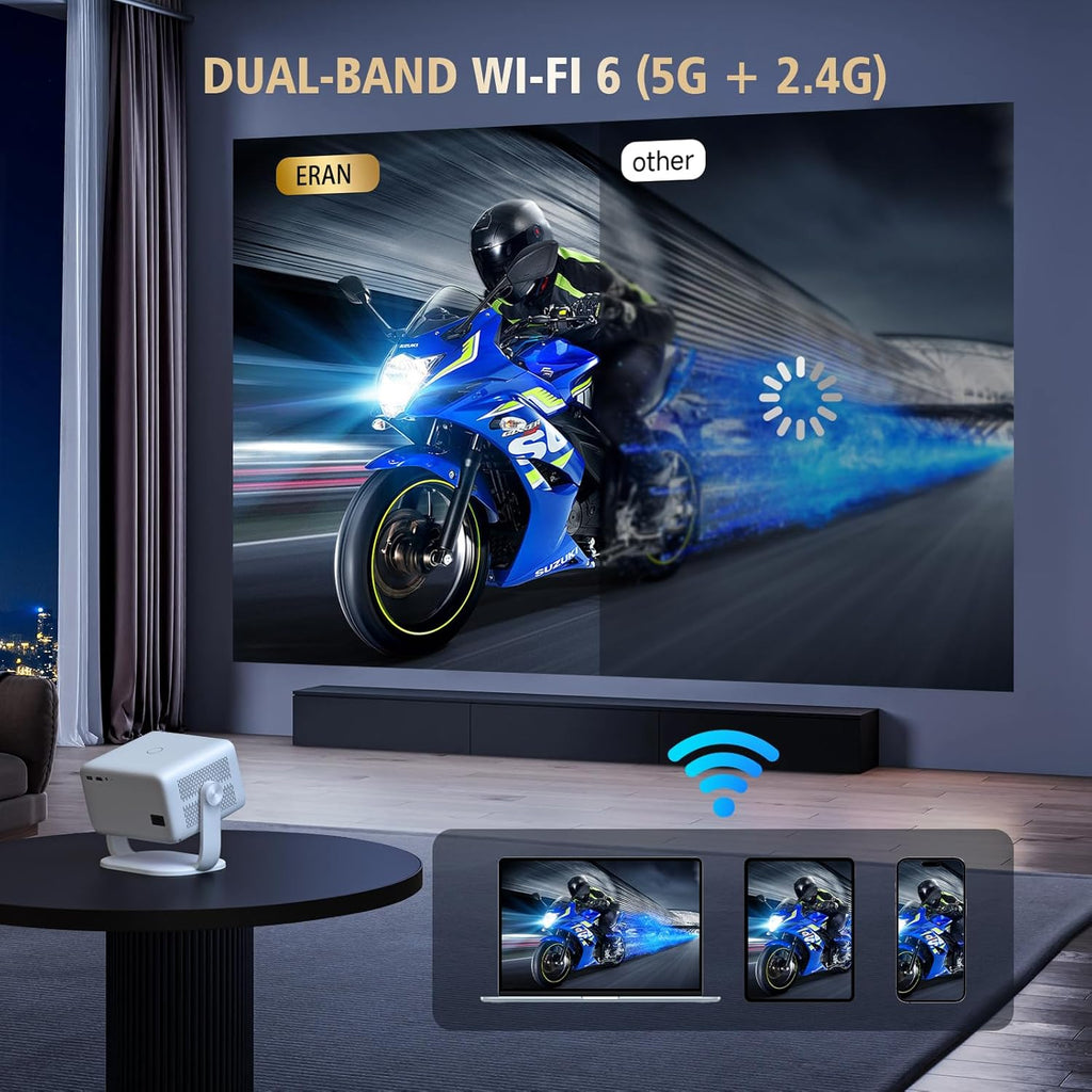 AI Auto Focus Portable Projector Native1080P Support 4K Parse WIFI6 5G Wireless 5.0 Bluetooth Android 13,300ANSI,360° Rotatable, Auto Keystone Correction Video Projecto