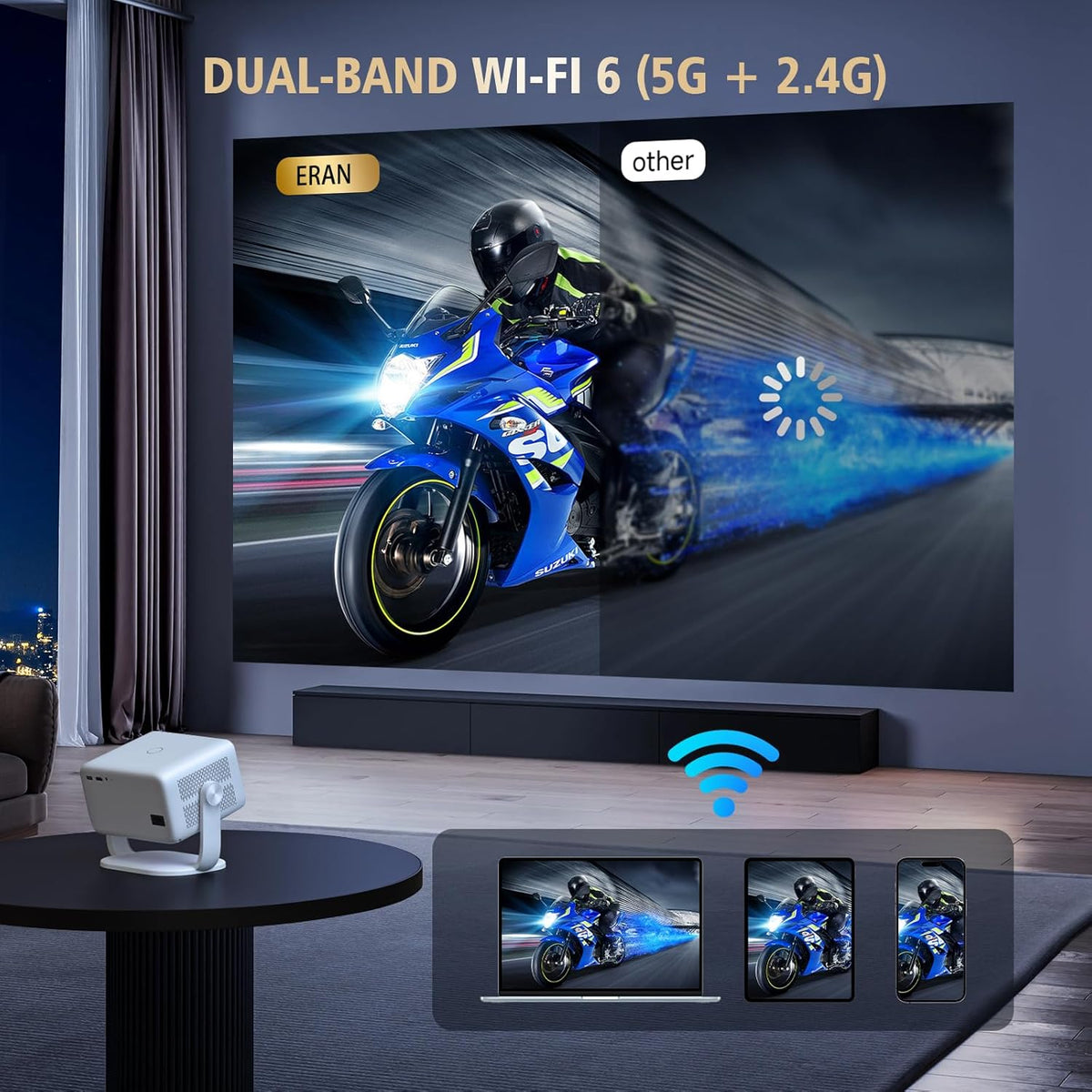 AI Auto Focus Portable Projector Native1080P Support 4K Parse WIFI6 5G Wireless 5.0 Bluetooth Android 13,300ANSI,360° Rotatable, Auto Keystone Correction Video Projecto