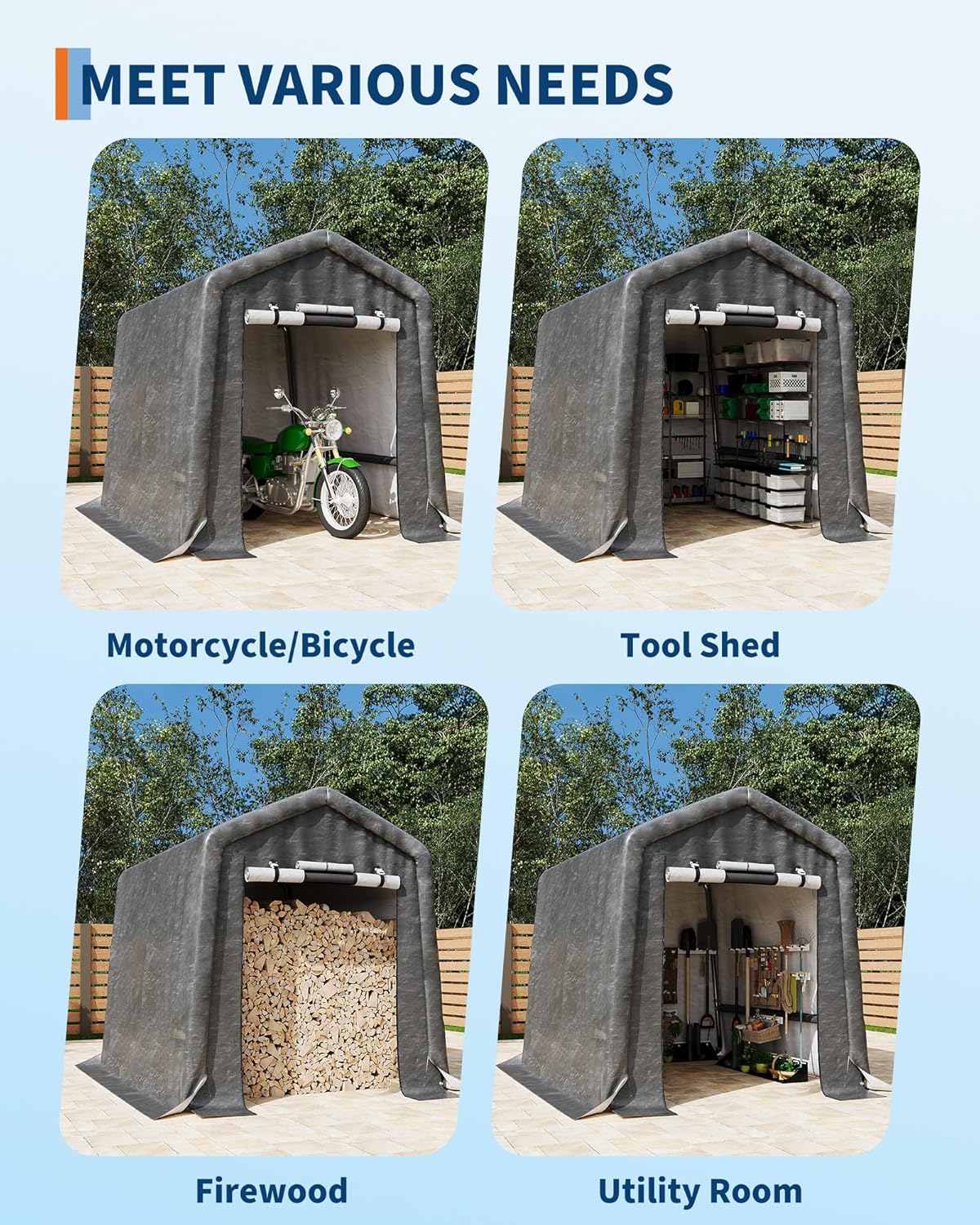 GarveeLife Outdoor Portable Storage Shed with Roll-Up Door & Vent, 240G Heavy-Duty Shelter Waterproof PE Tarp, UV-Resistant Storage Sheds for Motorcycle, Firewood, Garden and Tools (Gray, 6'x8')