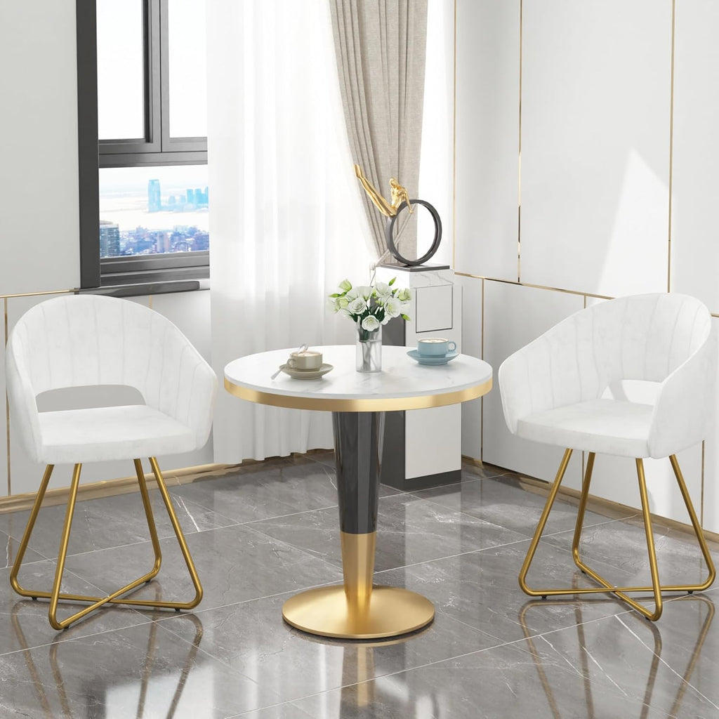 VECELO Velvet Accent Chair Set of 2, Luxury Vanity & Dining Chair with Gold Cross Base, 360°Swivel Upholstered Armchair for Living Room, Bedroom, Home Office, Pearl White