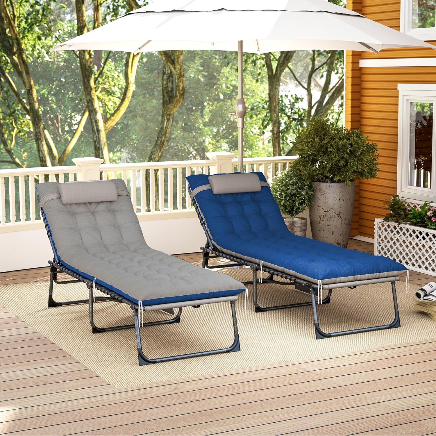 Outsunny Chaise Lounge Chair Outdoor Set of 2, 5-Position Adjustable Outdoor Pool Lounge Chairs, Folding Tanning Chair Beach Lounger with Cushion, Headrest, Side Pocket for Patio, Yard, Brown/Blue