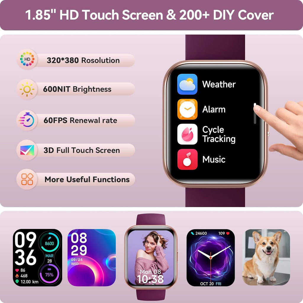 Smart Watches for Women, 1.85" HD Smart Watch for iPhone/Samsung/Android with Calls/Messages/Reminders, 3ATM 120+ Sport Modes Fitness Tracker Watch for Women with Heart Rate/Sleep/SpO2 Monitor, Alexa