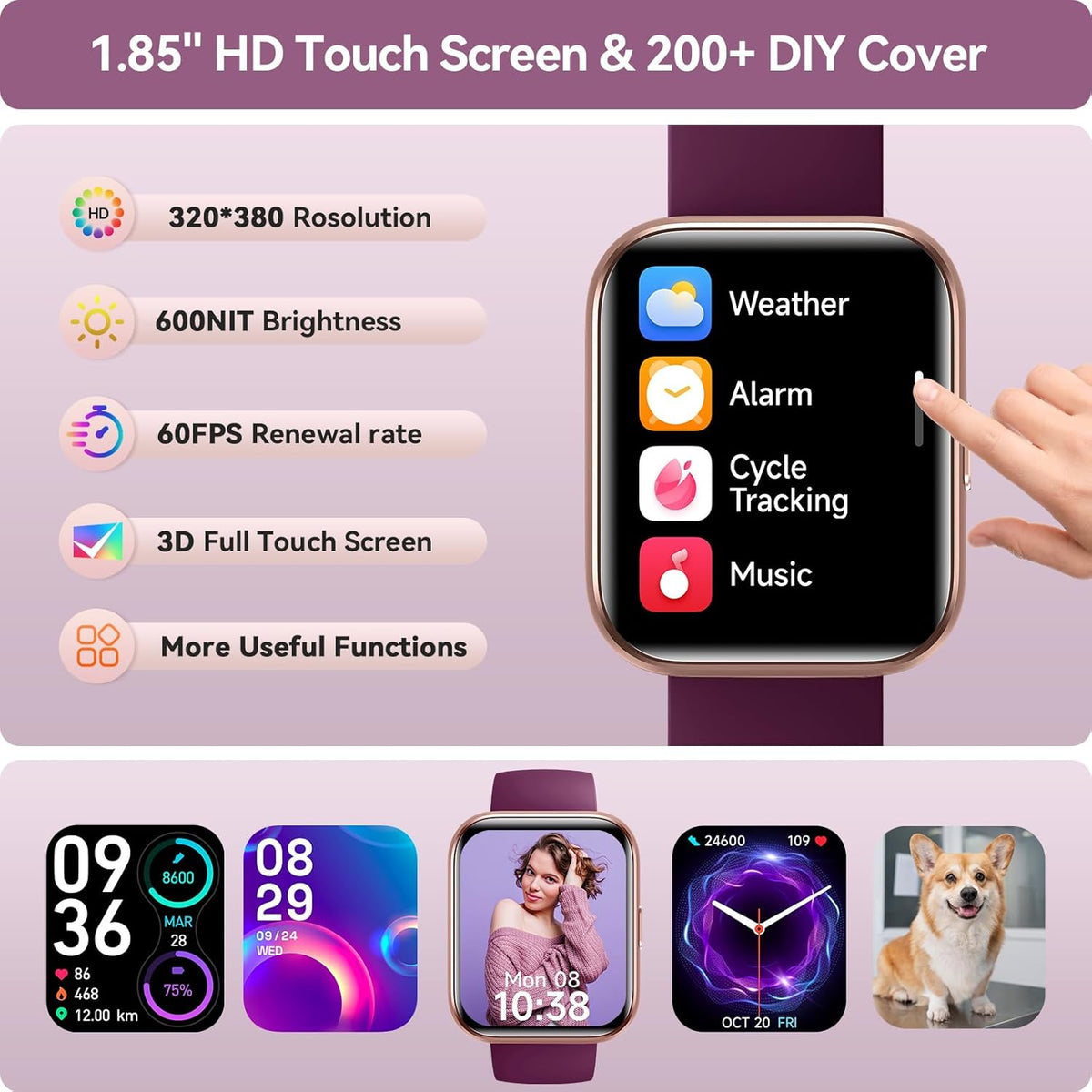 Smart Watches for Women, 1.85" HD Smart Watch for iPhone/Samsung/Android with Calls/Messages/Reminders, 3ATM 120+ Sport Modes Fitness Tracker Watch for Women with Heart Rate/Sleep/SpO2 Monitor, Alexa