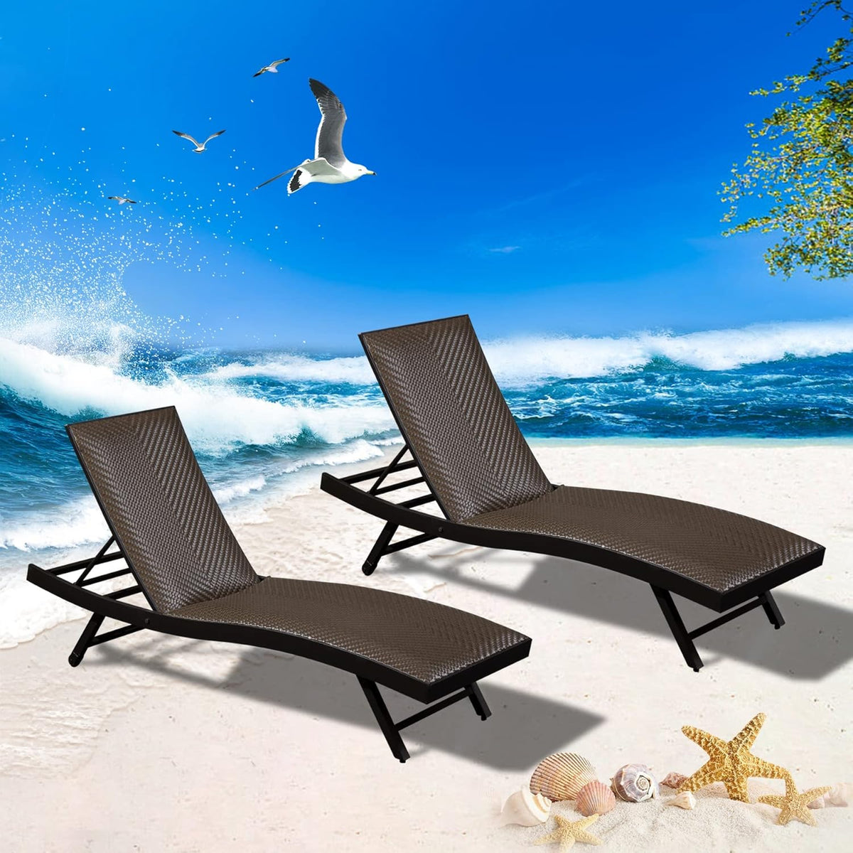 Domi 3 PCS Outdoor Chaise Lounge Set, Aluminum Patio Padded Quick Dry Foam Wicker Lounge Chair with Adjustable Back for Beach Poolside Lawn Sunbathing (2 Chairs W/Table)