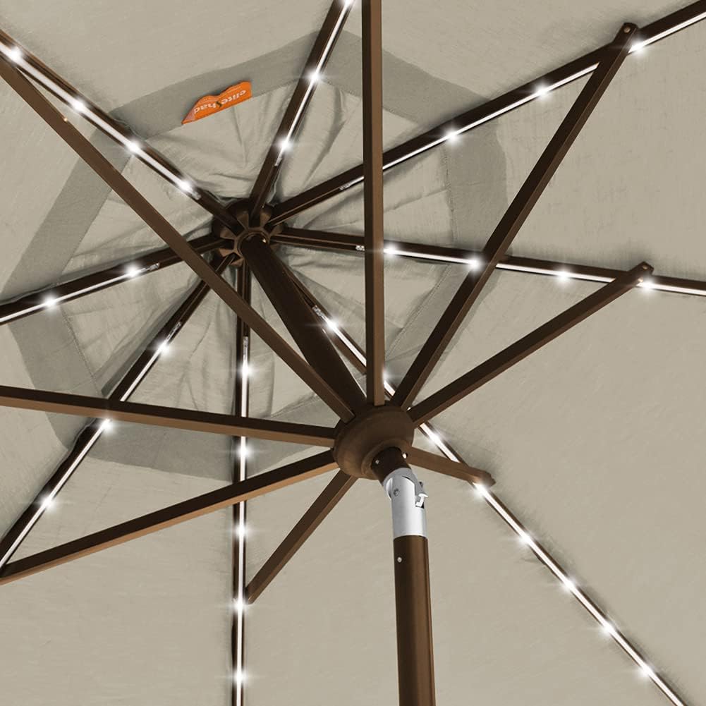 EliteShade USA 10-Year-Non-Fading 9ft Market Patio Umbrella, Commercial Grade Table Sun Umbrella with 80 Solar LED Lights, Crank Open, Windproof & UPF 50+ UV Protection for Garden, Deck, Pool, Backyard, Antique Beige