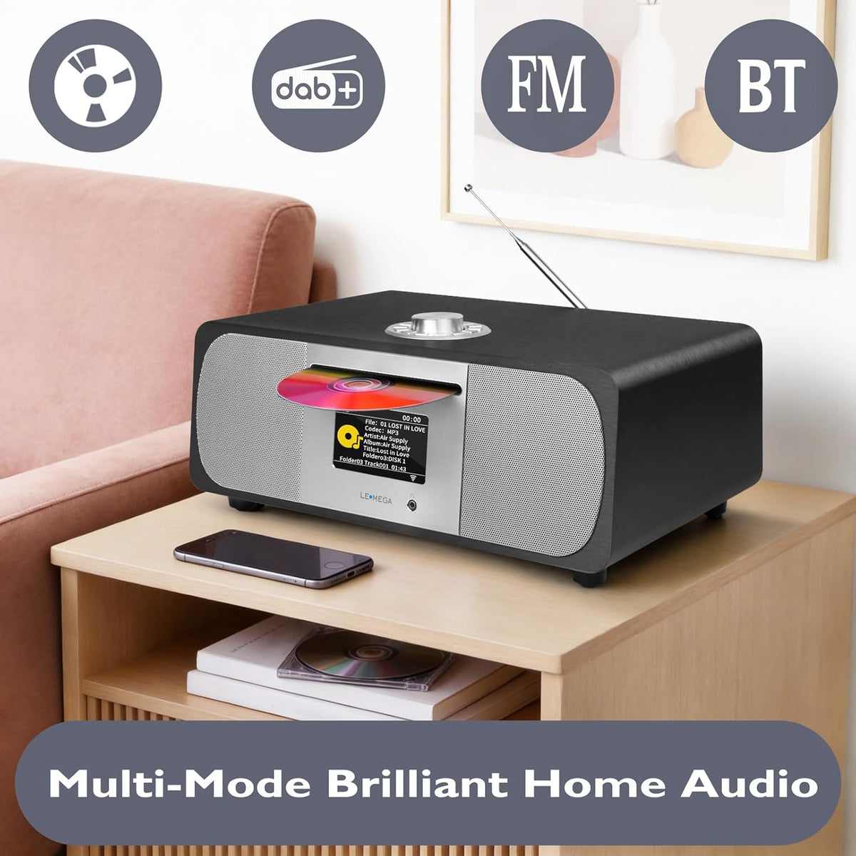 LEMEGA M6P CD Player with FM Radio, Bluetooth Streaming, 150W Stereo HiFi System with Internal Subwoofer, 2.8" Colour Display, Presets, Remote, Acoustic Wooden Cabinet (Black Oak)